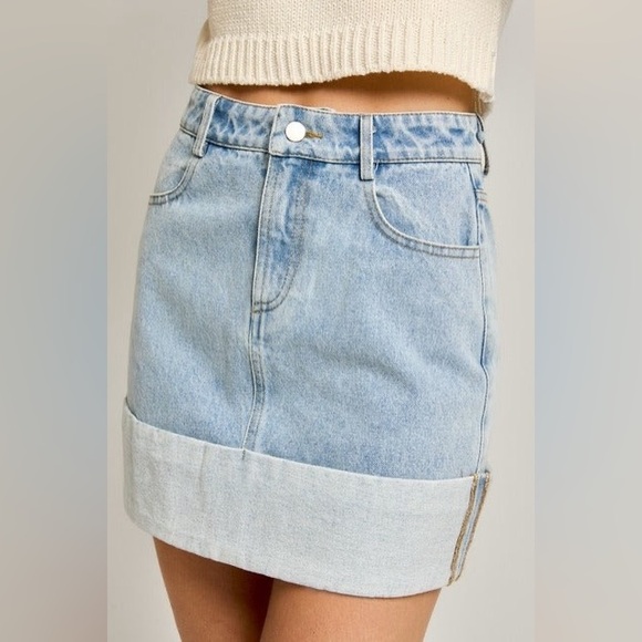 High Waisted Cuffed Hem Denim Mini Skirt - Le Lis - Picture 3 of 6